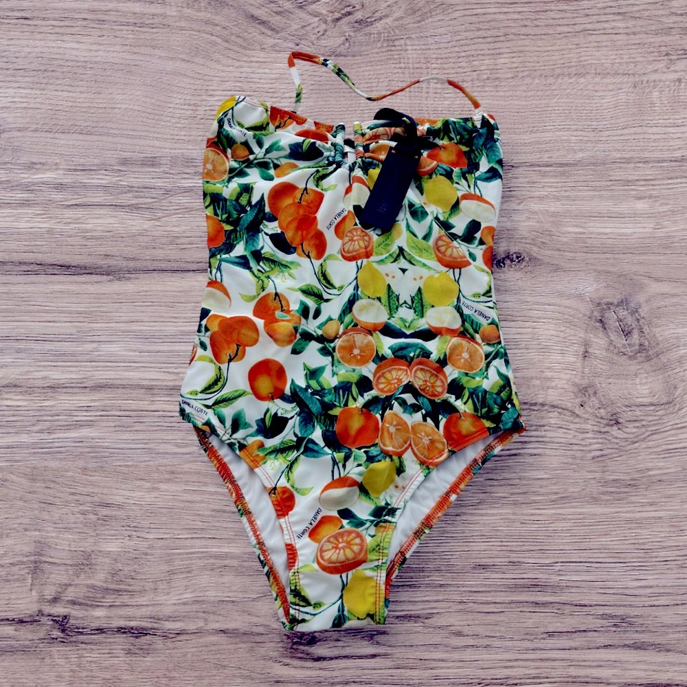 DANIELA CORTE White Citrus Print One Piece Swimsuit Silver accent Size Medium - Picture 14 of 14